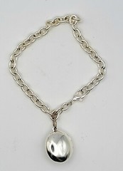 Vintage Silver Tone Chunky Chain Bracelet with Oval Enamel Locket & Blue Crystal