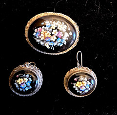 Vintage Russian Silver Enamel Floral Brooch & Earring Set Rostov Finift