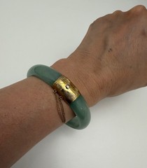 Vintage Genuine Natural Jadeite Jade Hinged Bangle Bracelet 60mm Safety Chain