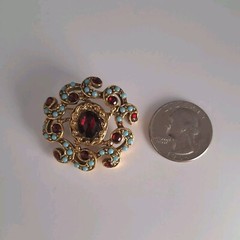 Vintage Goldette Brooch Pin Gold Alloy Turquoise & Garnet Faux Gemstones 1960s