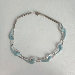 Vintage Silver Tone Choker Collar With Blue Enamel Ocean Waves 15.5″ Unsigned