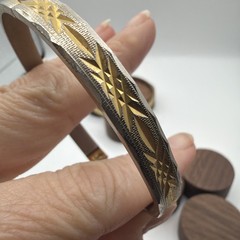 Vintage Gold Tone Bangle Bracelet Lot Hinged Push Clasp & Solid Slip-On Pair