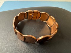 Vintage Mid Century Renoir Copper Disk Hinged Clamp Cuff Bracelet Signed