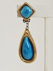 Vintage Artisan Gold Plated with Blue Ceramic Pottery Teardrop Clip On Earrings