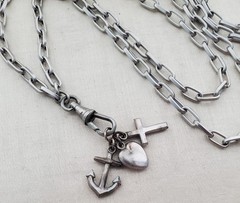 Antique Victorian Love Faith Hope Fob Charm Watch Chain 33″ Necklace Dog Clip