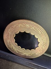 Victorian Ornate Mourning Brooch Etched Gold Fill Metal Onyx Center C Clasp Pin