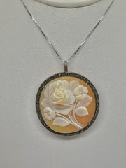Vintage Carved Shell Rose Cameo Pin Brooch Pendant High Relief 800 Silver Frame