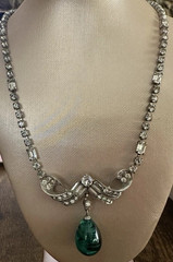 Vintage Schoffel 16″ Rhinestone & Faux Cabochon Emerald Green Necklace 1930s