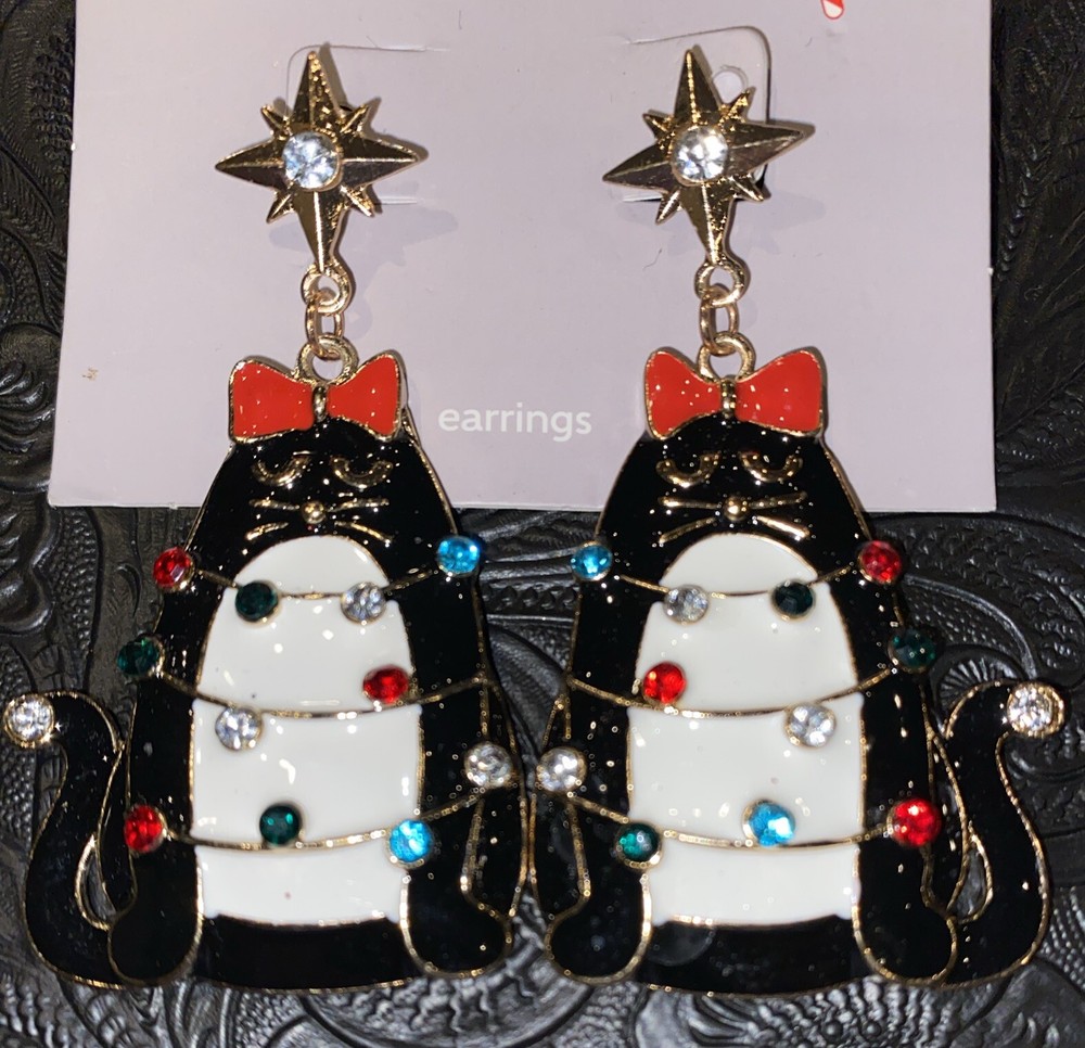hildie & jo Earrings Cat Tied Up Rhinestones Post Backs Back Christmas New