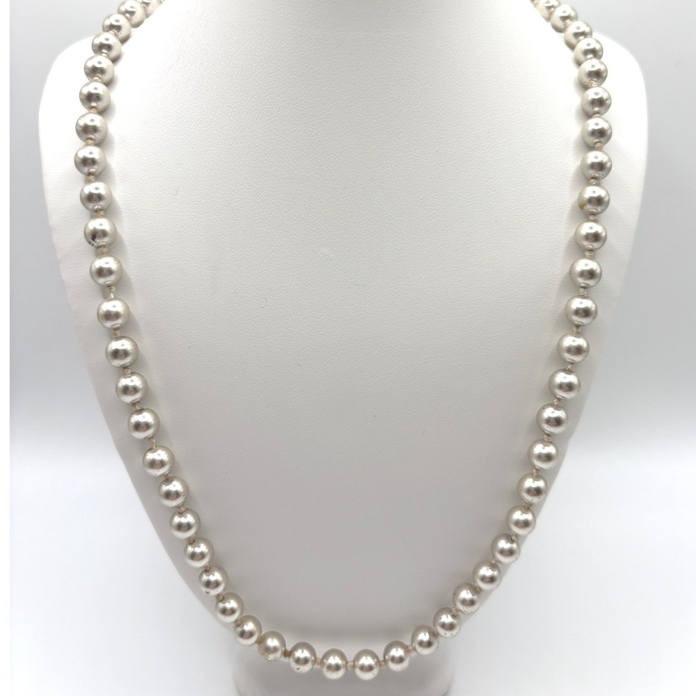 Monet Vintage Faux Pearl Strand Necklace Champagne Silver Tone Signed Clasp 30in