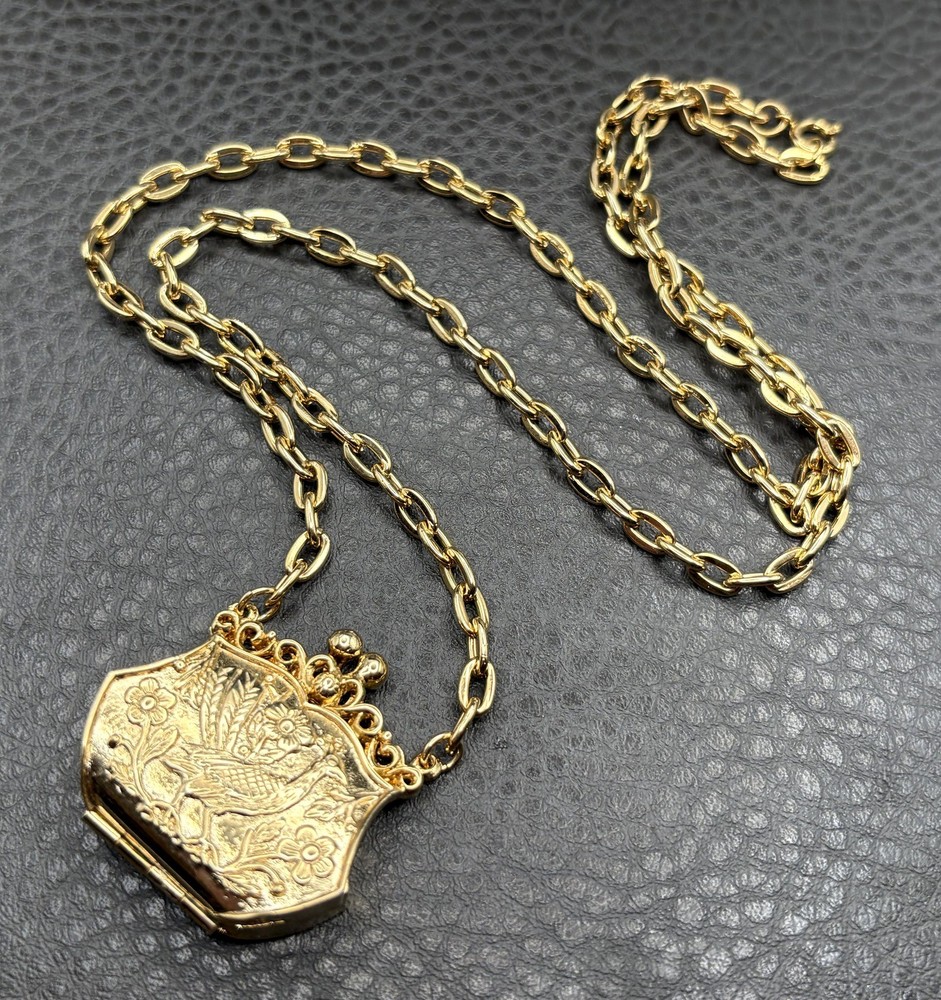 Vintage Bird Peacock Locket Purse Pendant Gold Tone Necklace Chain 24”