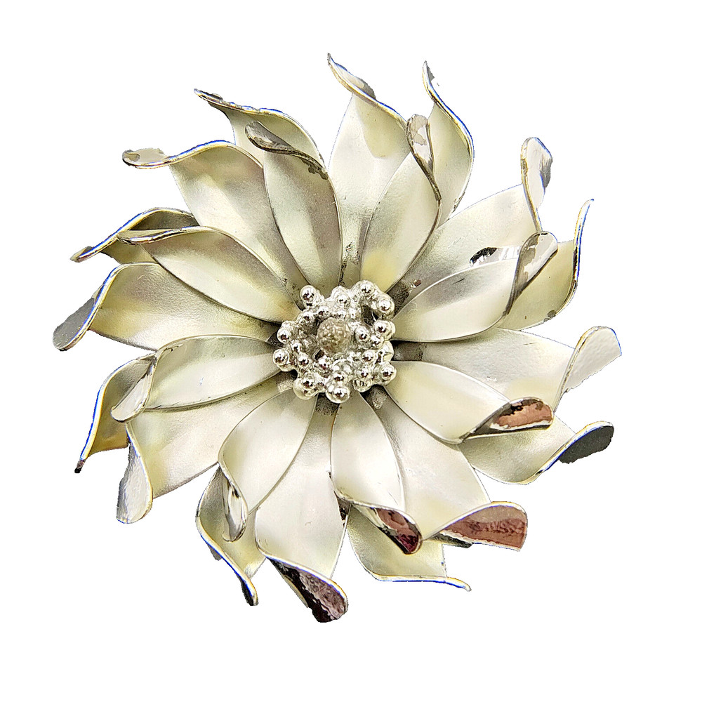 Vintage 3D Flower Brooch Pin Brushed Silver Tone Curled Petals Retro 1960s 2″