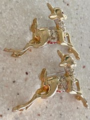 Lot of 2 Vintage Reindeer Brooch Rhinestone Gold Tone Christmas Pin