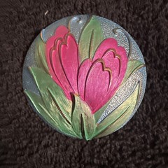 Rare Vintage Signed KRAMER Blue & Pink Enamel FLOWER Domed Round Brooch 2″
