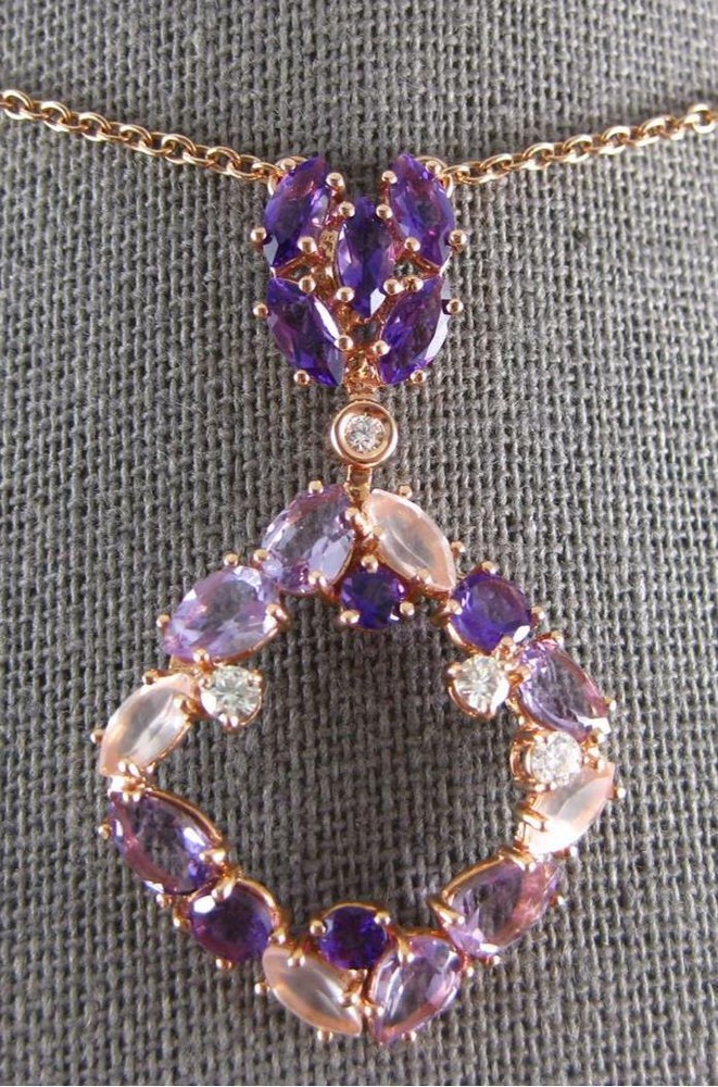 3.51CT DIAMOND & AAA AMETHYST & PINK QUARTZ 14K ROSE GOLD SQUARE ETOILE NECKLACE