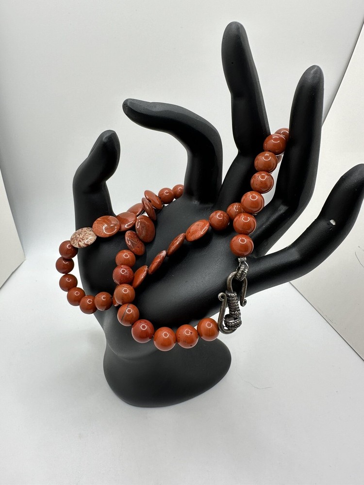 VTG Red Jasper? Necklace Silver Tone Round Stone Beaded Estate Sale 21In READ