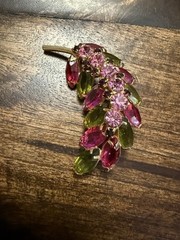 Vintage Gold Tone Domed Leaf Pin/Brooch w/ Pink and Green Prong Set Glass Stones