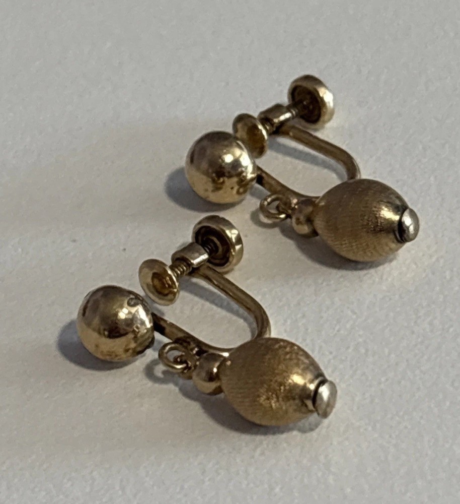Vtg A&Z 1/20 12K Gold Filled Ball and Brushed Dangle Football Screwback Earrings