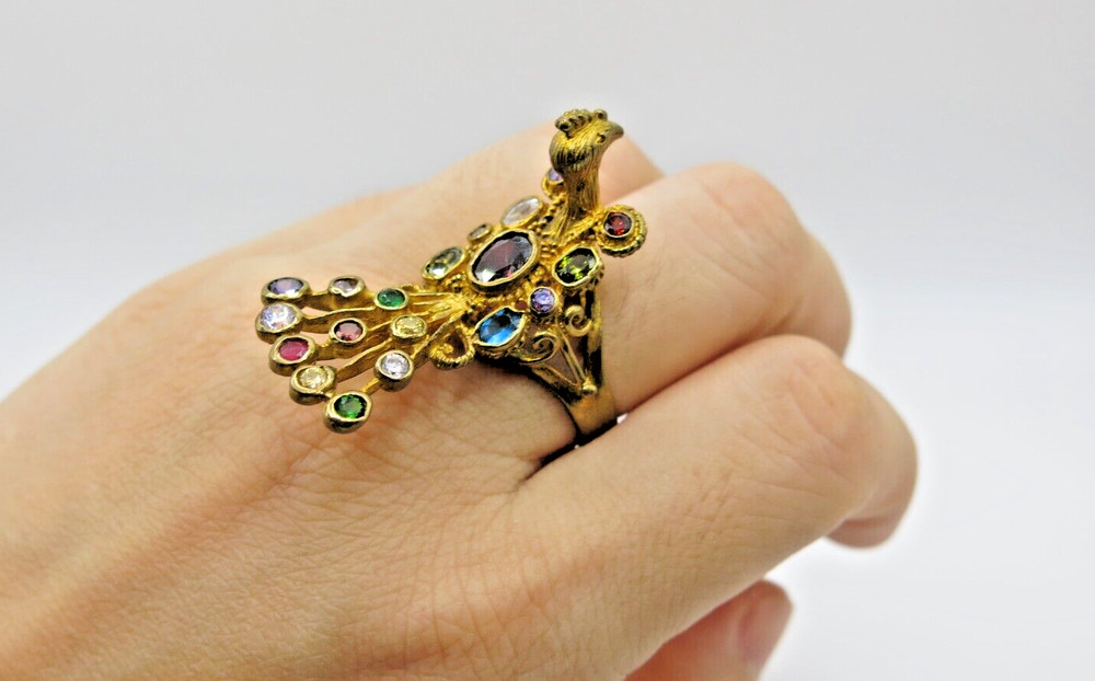 Multi color stones Peacock Gold Ring Vintage Brass Free Size Amulet charm Rare