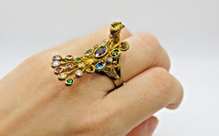 Multi color stones Peacock Gold Ring Vintage Brass Free Size Amulet charm Rare