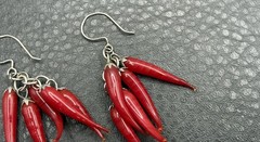 Vintage Red Chili Pepper Blown Glass Dangle Drop Earrings Silver Tone