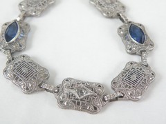 Art Deco Sterling Silver Sapphire Paste Filigree Station Antique Bracelet 7.5″
