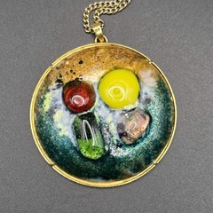 Vtg MCM Enamel Copper Pendant Necklace Large 2.25″ Glass Cabochon Retro Atomic