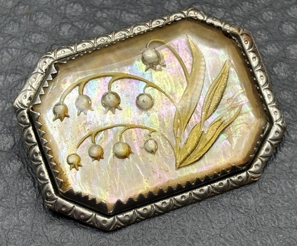 VTG Art Nouveau Deco Lily of the Valley In Glass Silver Tone Brooch Pin C Clasp