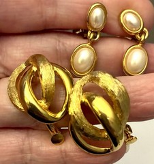 Lot Of 2 Napier Earrings Gold Tone Swirl Twist Hoop And Double Faux Pearl Clip