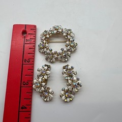 Vintage White Enamel Floral Wreath Brooch and Clip On Earrings Set AB Rhinestone
