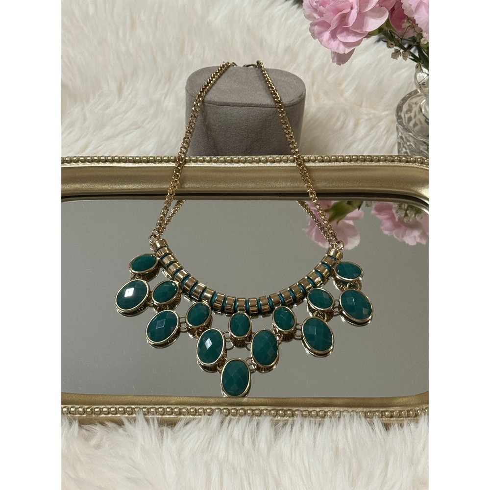 Vintage Gold Tone Necklace Green Statement Bib Chunky Gem Boho Glam