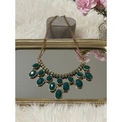 Vintage Gold Tone Necklace Green Statement Bib Chunky Gem Boho Glam