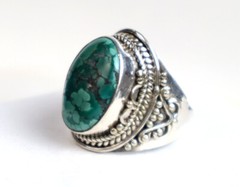 Exquisite Natural Deep Green Turquoise .925 Sterling Silver Ring #8.5