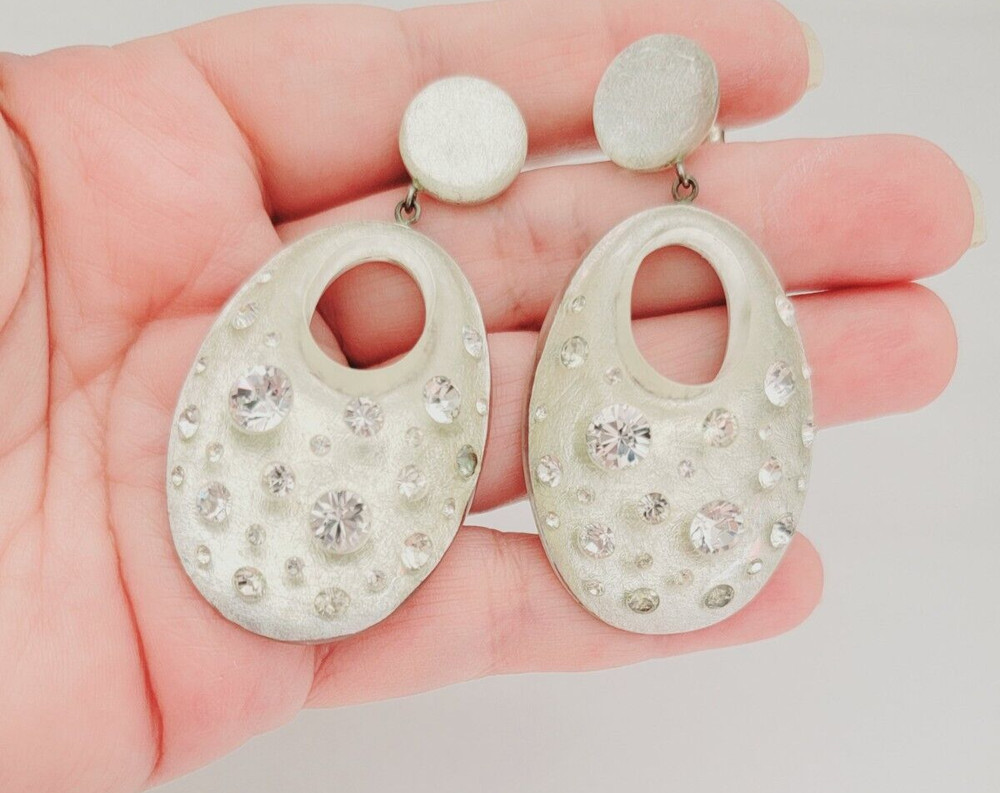 Lucite Glittery Flush Set Rhinestones 925 Sterling Silver Post Dangle Earrings