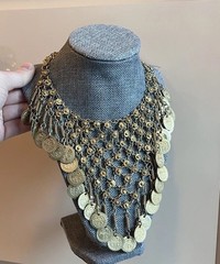 Vintage Boho Gold Tone Chainmail Coin Bib Choker Statement Necklace 18” H3