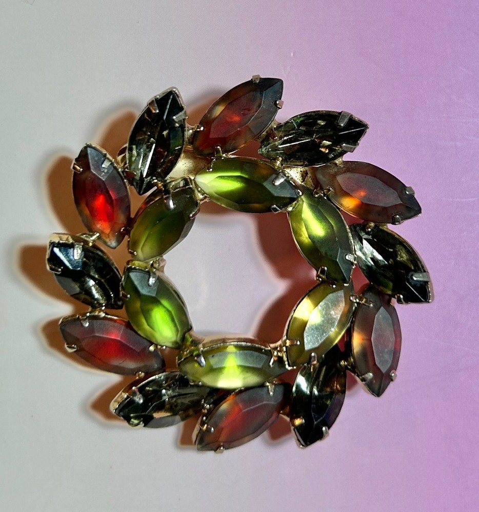 Vintage Rhinestone Brooch Frosted Shaded Rhinestone Green Red Olive 2”