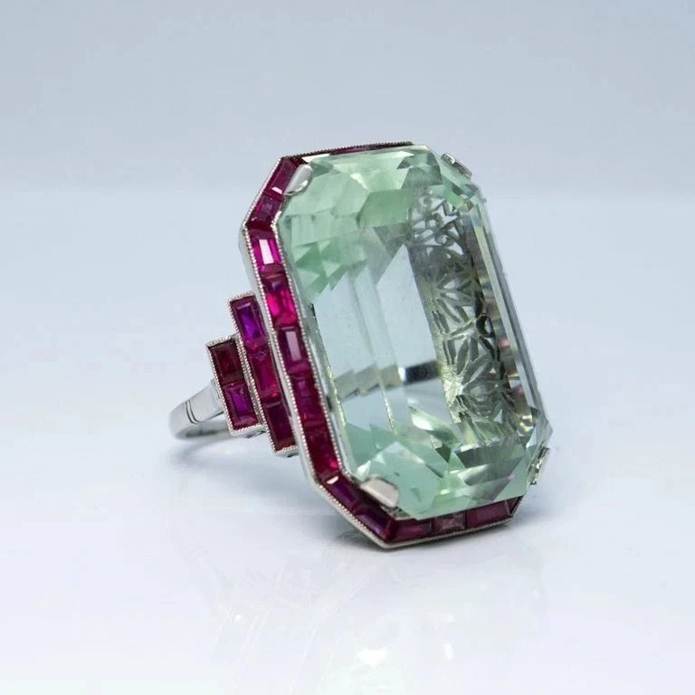 7Ct Vintage Art Deco Style Lab Created Aquamarine Wedding 14K White Gold FN Ring