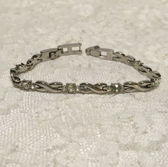 Vintage Anne Kein Chain Bracelet Silver Tone Rhinestone Accents Fold over