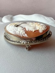 VINTAGE 14K WHITE GOLD LARGE SHELL CAMEO DIAMOND PIN BROOCH CONVERTABLE PENDANT