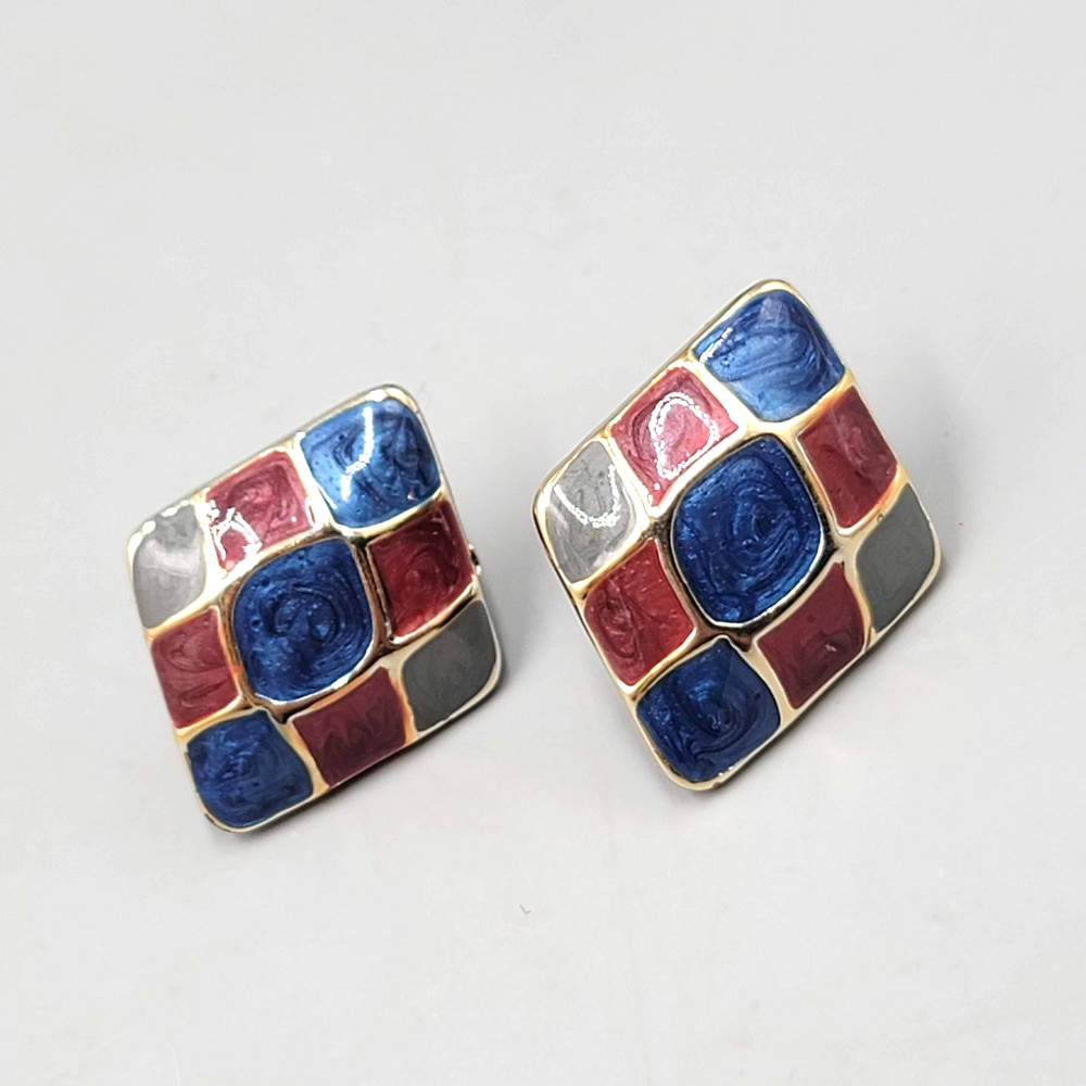 Blue Red Gray Enamel Vintage Clip on Earrings Gold tone 1.5 in
