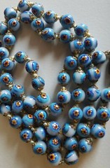 Vintage Murano Millefiori Glass Bead Necklace 28″ Long Venetian Blue Flower