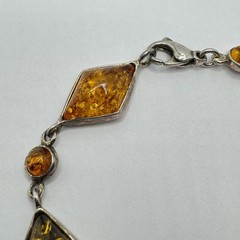 Vintage Diamond and Mini Round Shape Natural Baltic Amber Silver Bracelet 7.5”