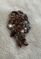 Vintage Brooch Amber Tones Navette AB Rhinestone Pin Layered Leaf Design 2.5 in.