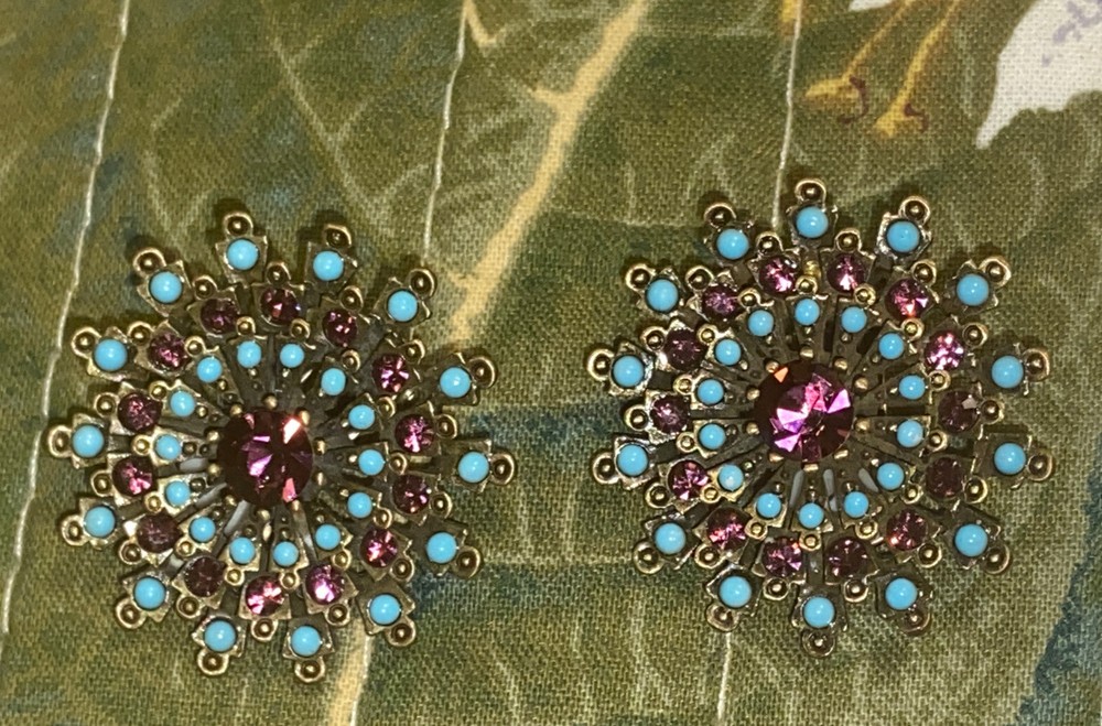 VTG LaVINTAGE bronze tone FAUX TURQUOISE purple RHINESTONE Clip Earrings