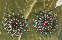 VTG LaVINTAGE bronze tone FAUX TURQUOISE purple RHINESTONE Clip Earrings