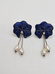 Vintage Water Lily Leaf Blue Enamel Dangle Pearl Sterling Silver Stud Earrings