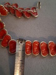 Vintage red celluloid stylized leaf abstract necklace, 16″, articulated