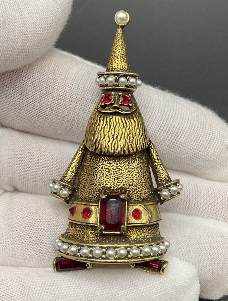 Vintage Hollycraft Santa Red Rhinestone Simulated Pearl Tree Shaped Pin Brooch