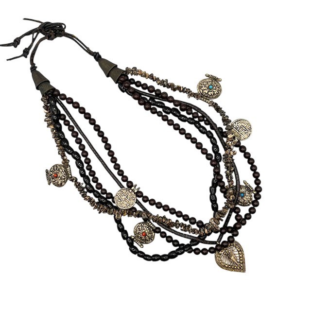 VTG Multi-Strand Ethnic Tribal Boho Beaded Necklace with Silver-Tone Medallions