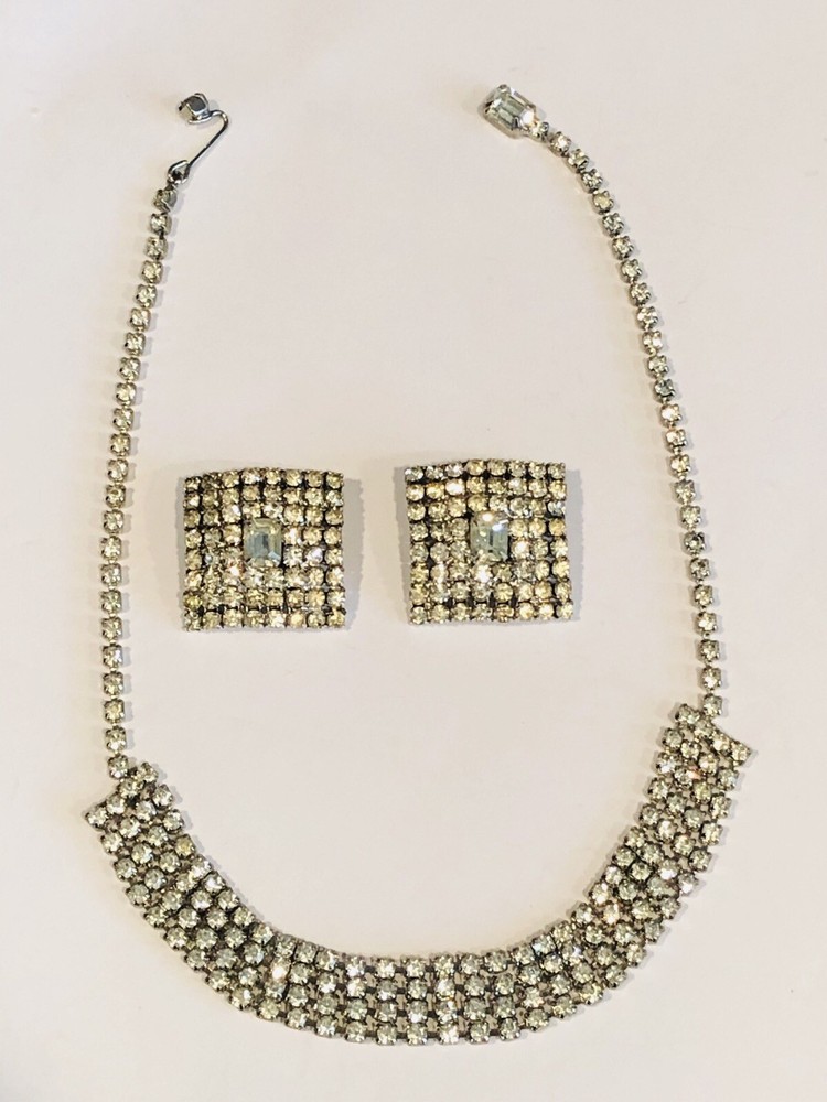 Vtg WEISS Sparkling Clear Rhinestones Square Shape Earrings & Necklace 15” Set